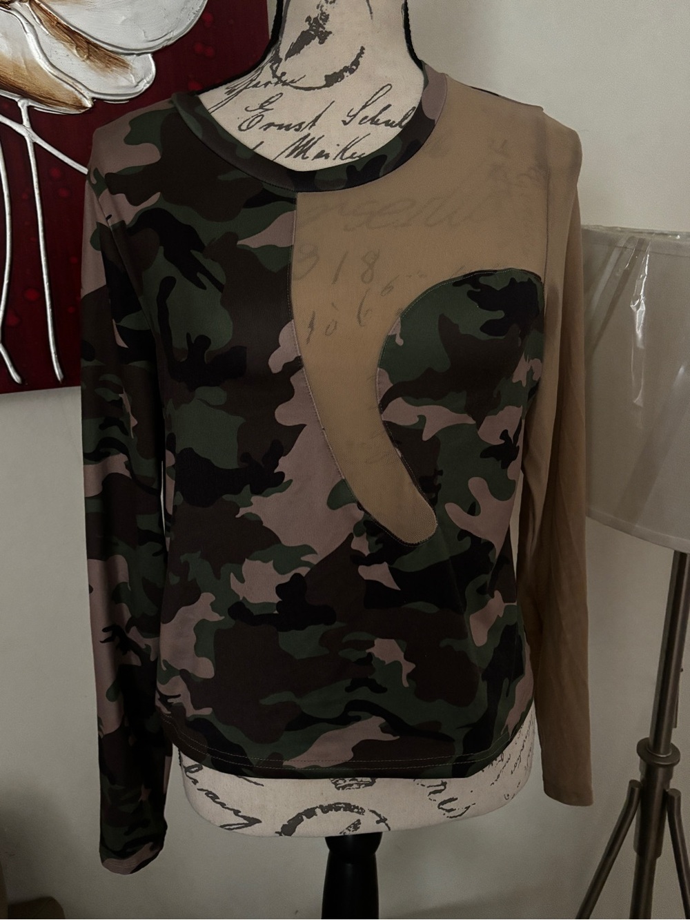 SHEIN Olive & Tan Camo Heart Cutout Long Sleeve Top